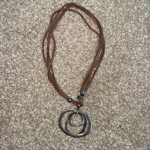 Brown Leather and Silver Layered Pendant Necklace